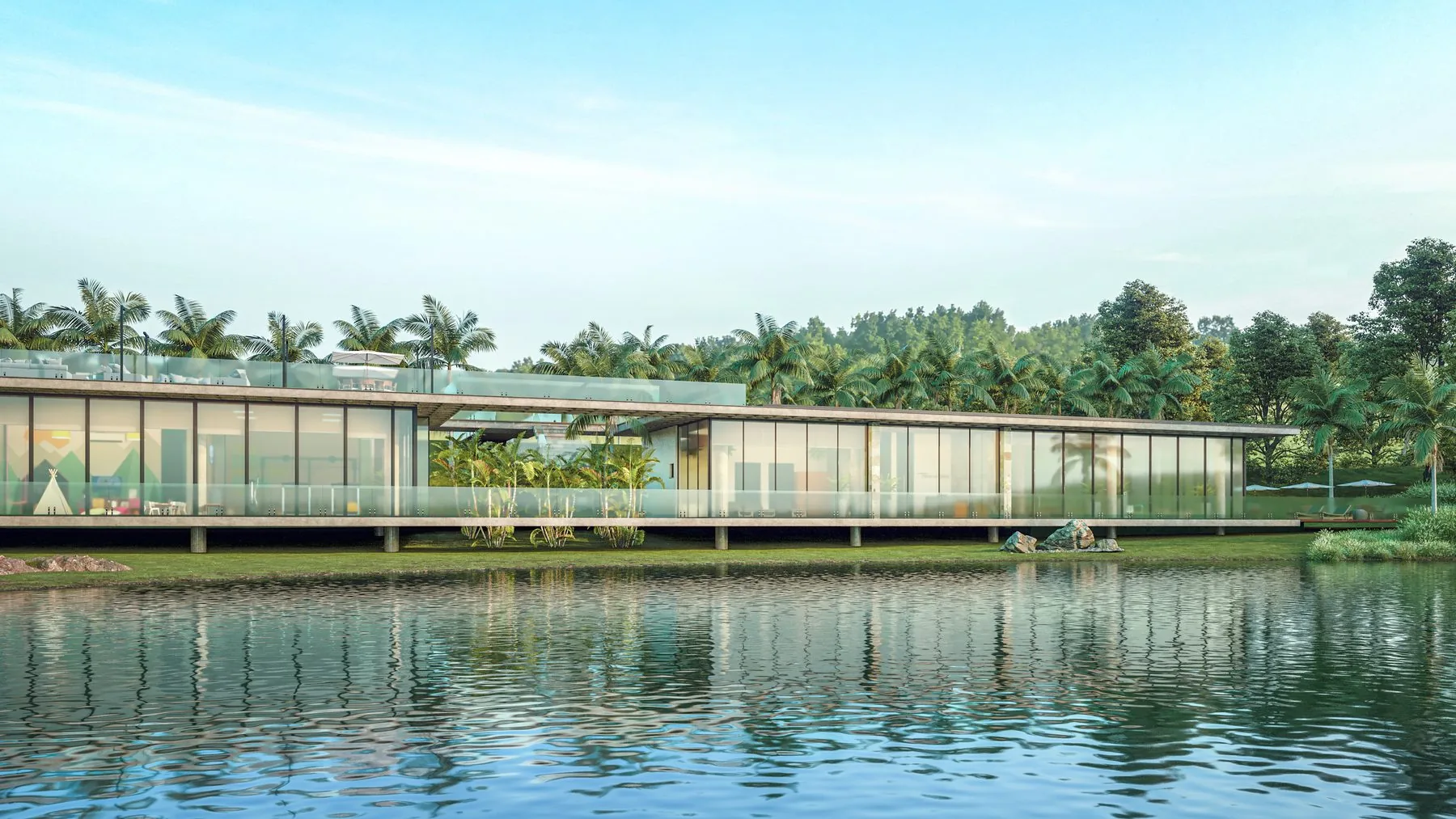 Render do Club House à beira do lago